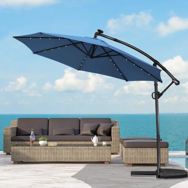 Parasol Déporté 3M avec 24 Lumières LED Solaires Rotatif 360° Base Croisée Manivelle Angle Réglage Poteau en Aluminium Bleu