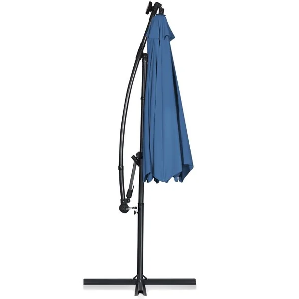 Parasol Déporté 3M avec 24 Lumières LED Solaires Rotatif 360° Base Croisée Manivelle Angle Réglage Poteau en Aluminium Bleu