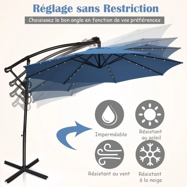 Parasol Déporté 3M avec 24 Lumières LED Solaires Rotatif 360° Base Croisée Manivelle Angle Réglage Poteau en Aluminium Bleu