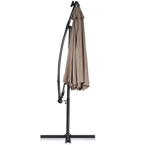 Parasol Déporté 3M avec 24 Lumières LED Solaires Rotatif 360° Base Croisée Manivelle Angle Réglage Poteau en Aluminium Café