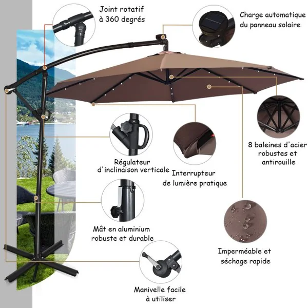 Parasol Déporté 3M avec 24 Lumières LED Solaires Rotatif 360° Base Croisée Manivelle Angle Réglage Poteau en Aluminium Café