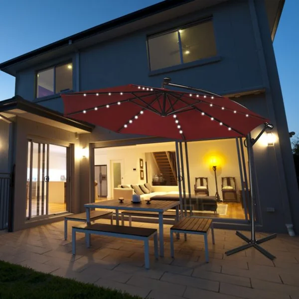 Parasol Déporté 3M avec 24 Lumières LED Solaires Rotatif 360° Base Croisée Manivelle Angle Réglage Poteau en Aluminium Vin Rouge