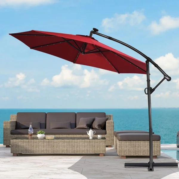 Parasol Déporté 3M avec 24 Lumières LED Solaires Rotatif 360° Base Croisée Manivelle Angle Réglage Poteau en Aluminium Vin Rouge