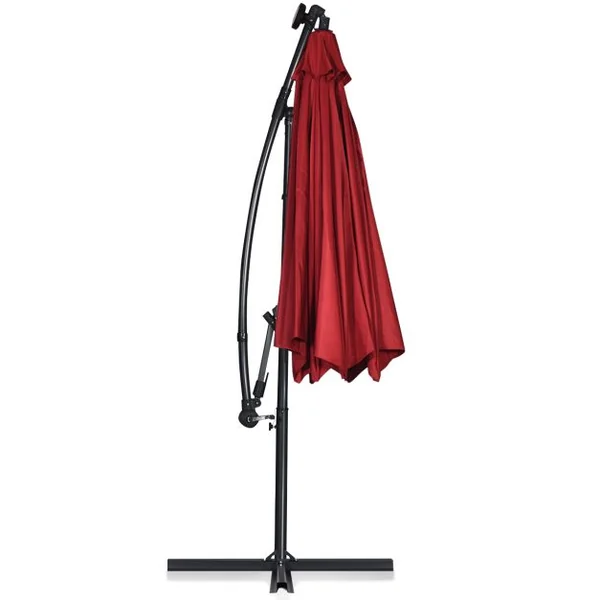 Parasol Déporté 3M avec 24 Lumières LED Solaires Rotatif 360° Base Croisée Manivelle Angle Réglage Poteau en Aluminium Vin Rouge