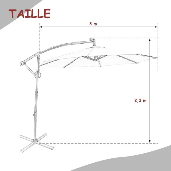 Parasol Déporté 3M avec 24 Lumières LED Solaires Rotatif 360° Base Croisée Manivelle Angle Réglage Poteau en Aluminium Vin Rouge