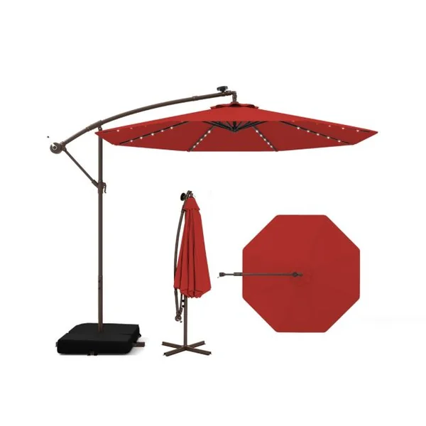 Parasol Déporté avec 32 Lumières LED Panneau Solaire Batterie Rouge