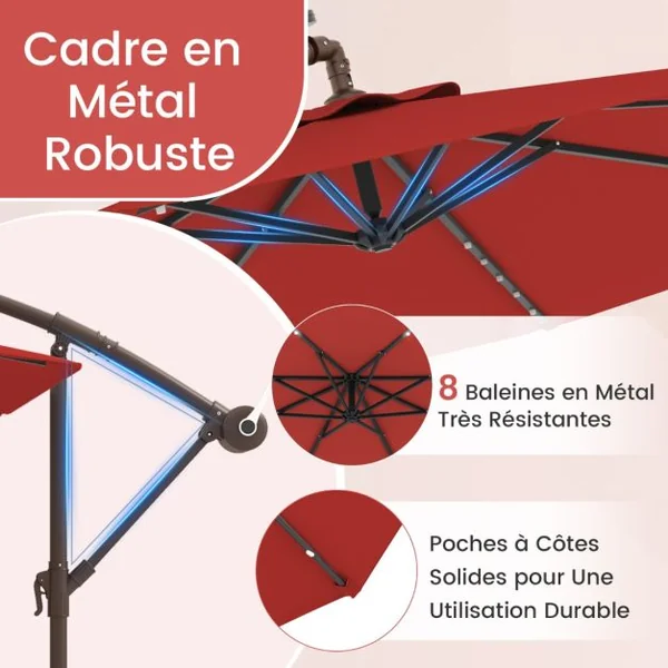 Parasol Déporté avec 32 Lumières LED Panneau Solaire Batterie Rouge