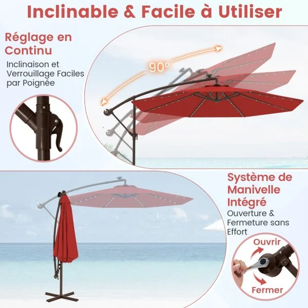 Parasol Déporté avec 32 Lumières LED Panneau Solaire Batterie Rouge