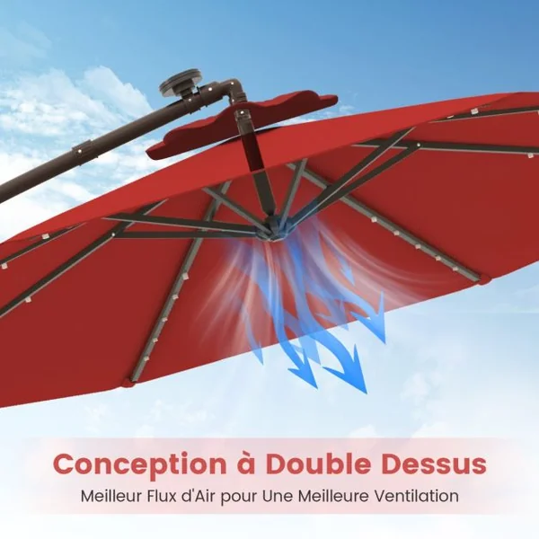 Parasol Déporté avec 32 Lumières LED Panneau Solaire Batterie Rouge