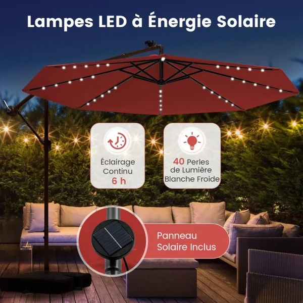 Parasol Déporté avec 32 Lumières LED Panneau Solaire Batterie Rouge