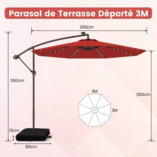 Parasol Déporté avec 32 Lumières LED Panneau Solaire Batterie Rouge