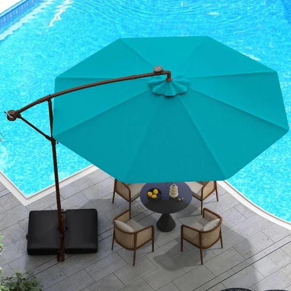 Parasol Déporté de 3 m avec 32 Lumières LED Panneau Solaire Batterie Sac de Sable Auvent Imperméable Parasol pour Jardin Piscine Patio Vert