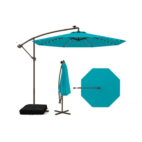 Parasol Déporté de 3 m avec 32 Lumières LED Panneau Solaire Batterie Sac de Sable Auvent Imperméable Parasol pour Jardin Piscine Patio Vert