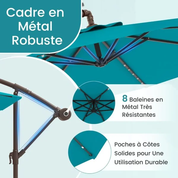 Parasol Déporté de 3 m avec 32 Lumières LED Panneau Solaire Batterie Sac de Sable Auvent Imperméable Parasol pour Jardin Piscine Patio Vert
