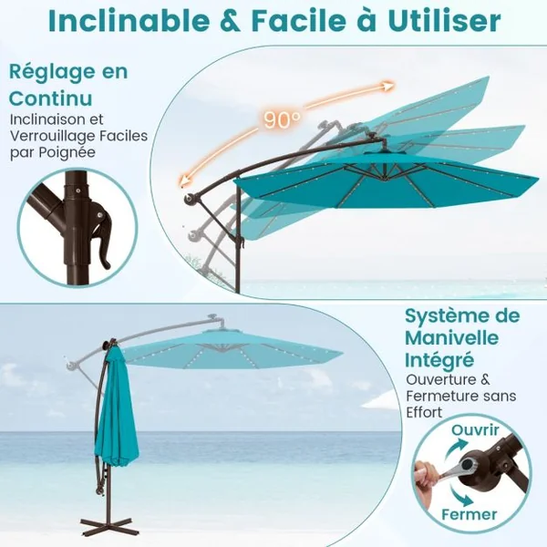 Parasol Déporté de 3 m avec 32 Lumières LED Panneau Solaire Batterie Sac de Sable Auvent Imperméable Parasol pour Jardin Piscine Patio Vert