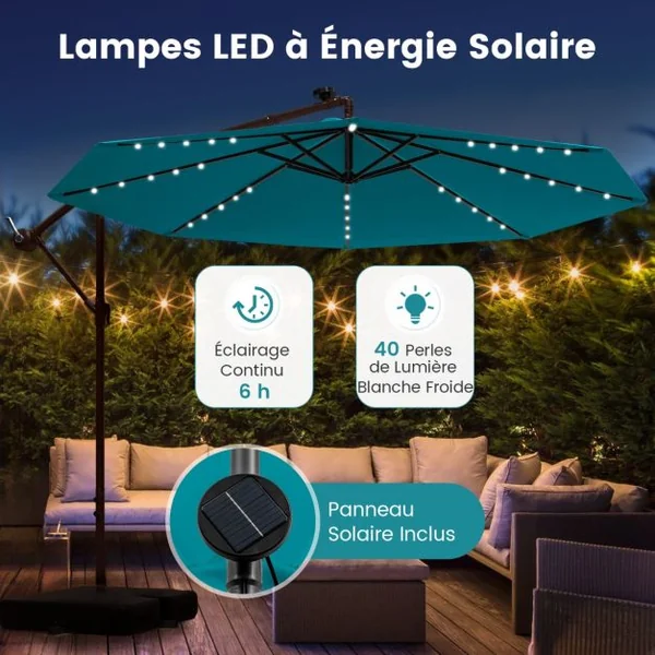 Parasol Déporté de 3 m avec 32 Lumières LED Panneau Solaire Batterie Sac de Sable Auvent Imperméable Parasol pour Jardin Piscine Patio Vert