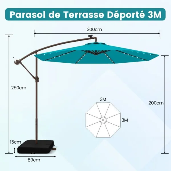 Parasol Déporté de 3 m avec 32 Lumières LED Panneau Solaire Batterie Sac de Sable Auvent Imperméable Parasol pour Jardin Piscine Patio Vert