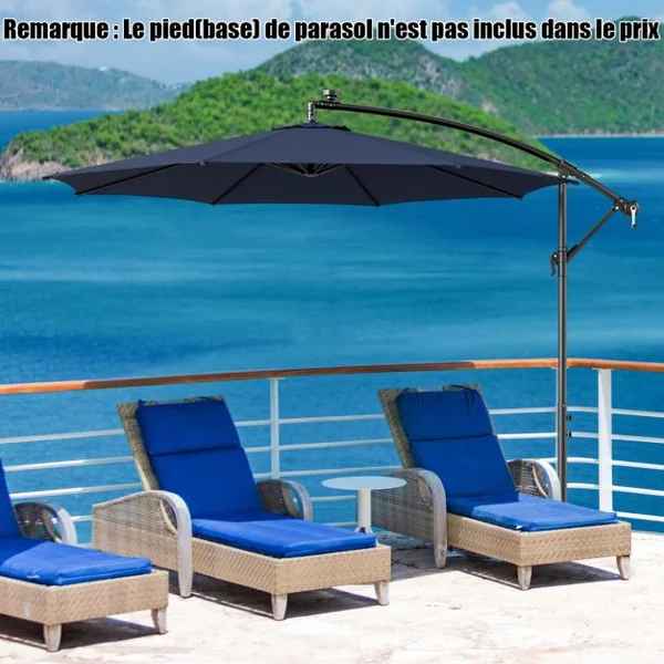 Parasol Déporté Inclinable 3M avec 112 Lumières LED avec Panneau Solaire Base Croisée Manivelle Verrou de Sécurité Bleu