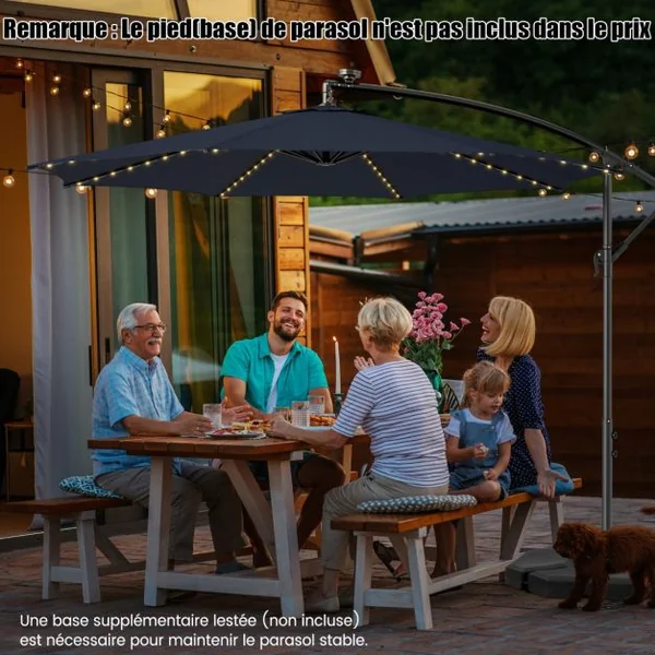 Parasol Déporté Inclinable 3M avec 112 Lumières LED avec Panneau Solaire Base Croisée Manivelle Verrou de Sécurité Bleu