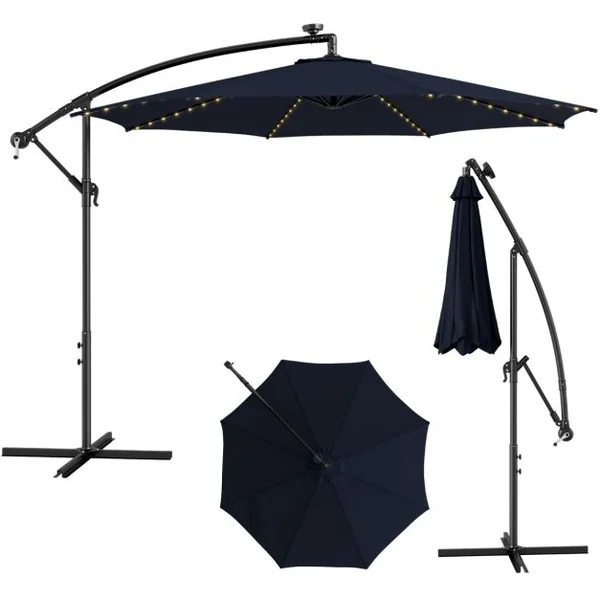 Parasol Déporté Inclinable 3M avec 112 Lumières LED avec Panneau Solaire Base Croisée Manivelle Verrou de Sécurité Bleu