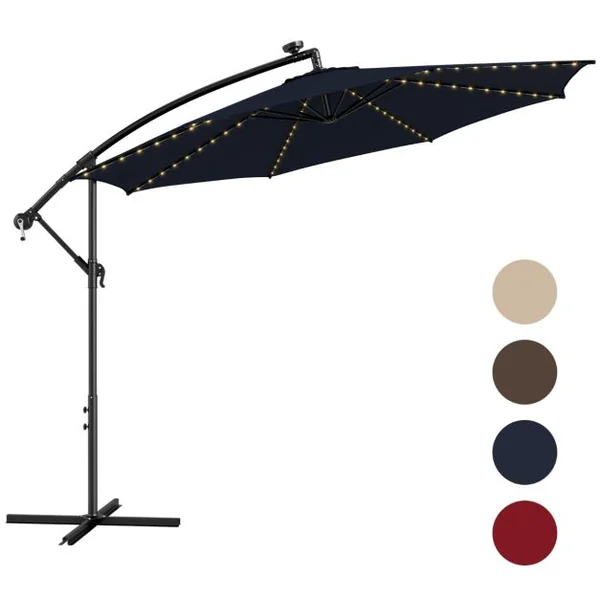 Parasol Déporté Inclinable 3M avec 112 Lumières LED avec Panneau Solaire Base Croisée Manivelle Verrou de Sécurité Bleu