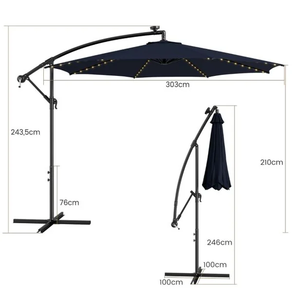 Parasol Déporté Inclinable 3M avec 112 Lumières LED avec Panneau Solaire Base Croisée Manivelle Verrou de Sécurité Bleu