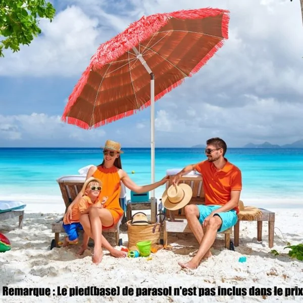 Parasol Inclinable de Paille en PP 2M Fixation pour Sable Toit Chaume Style Hawaïen 2 Parties Démontables pour Plage Cour Piscine Rouge