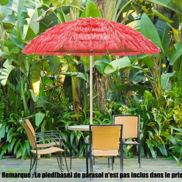 Parasol Inclinable de Paille en PP 2M Fixation pour Sable Toit Chaume Style Hawaïen 2 Parties Démontables pour Plage Cour Piscine Rouge
