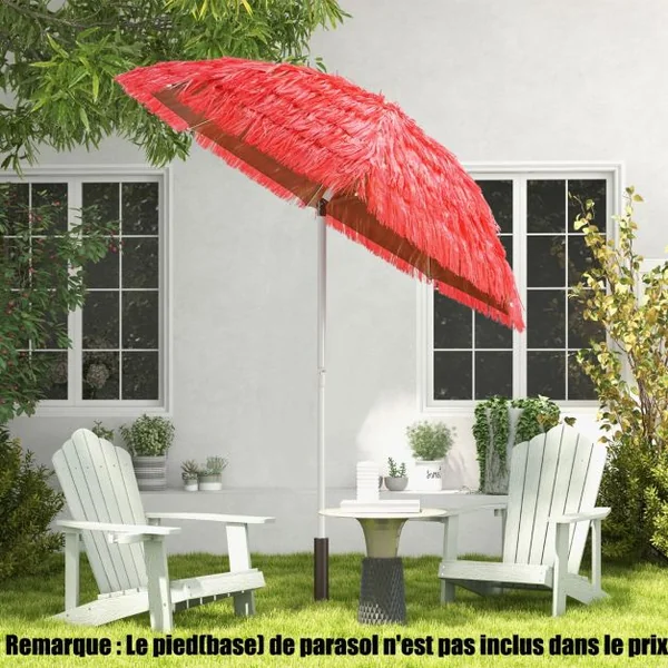 Parasol Inclinable de Paille en PP 2M Fixation pour Sable Toit Chaume Style Hawaïen 2 Parties Démontables pour Plage Cour Piscine Rouge