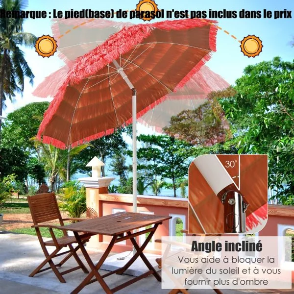 Parasol Inclinable de Paille en PP 2M Fixation pour Sable Toit Chaume Style Hawaïen 2 Parties Démontables pour Plage Cour Piscine Rouge