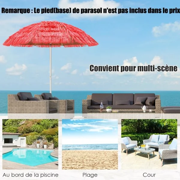 Parasol Inclinable de Paille en PP 2M Fixation pour Sable Toit Chaume Style Hawaïen 2 Parties Démontables pour Plage Cour Piscine Rouge
