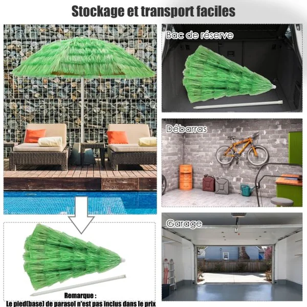 Parasol Inclinable de Paille en PP 2M Fixation pour Sable Toit Chaume Style Hawaïen 2 Parties Démontables pour Plage Cour Piscine Vert