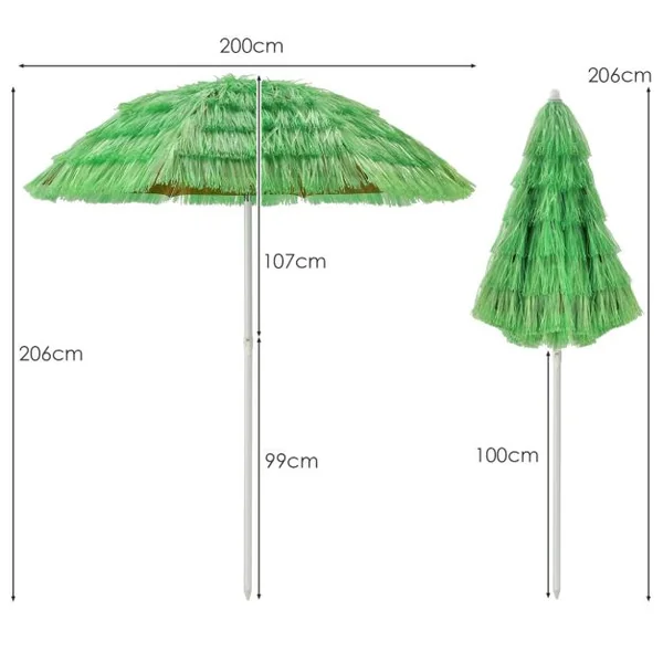 Parasol Inclinable de Paille en PP 2M Fixation pour Sable Toit Chaume Style Hawaïen 2 Parties Démontables pour Plage Cour Piscine Vert