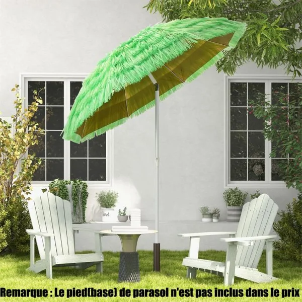Parasol Inclinable de Paille en PP 2M Fixation pour Sable Toit Chaume Style Hawaïen 2 Parties Démontables pour Plage Cour Piscine Vert