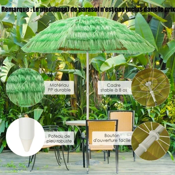 Parasol Inclinable de Paille en PP 2M Fixation pour Sable Toit Chaume Style Hawaïen 2 Parties Démontables pour Plage Cour Piscine Vert