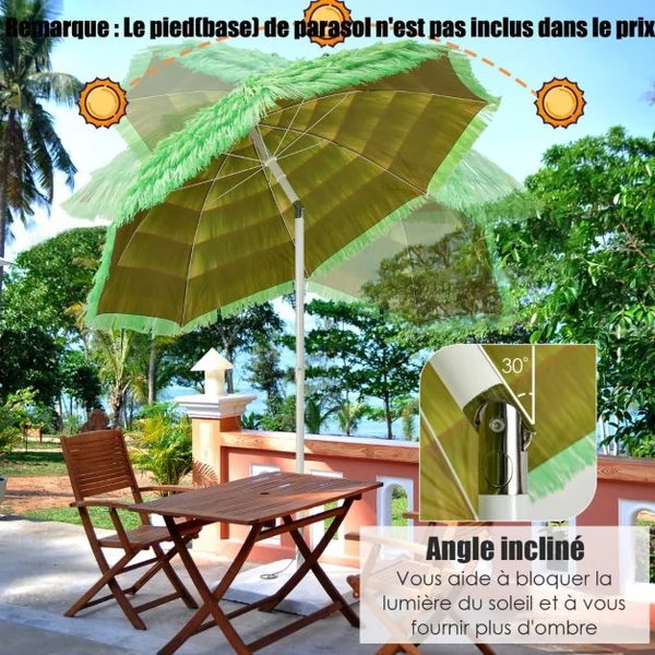 Parasol Inclinable de Paille en PP 2M Fixation pour Sable Toit Chaume Style Hawaïen 2 Parties Démontables pour Plage Cour Piscine Vert
