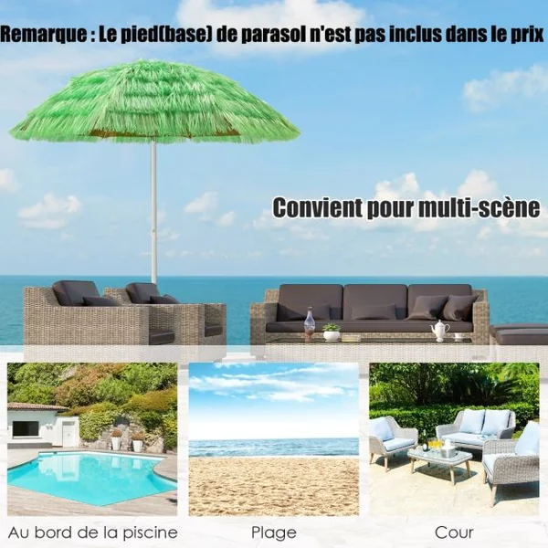 Parasol Inclinable de Paille en PP 2M Fixation pour Sable Toit Chaume Style Hawaïen 2 Parties Démontables pour Plage Cour Piscine Vert