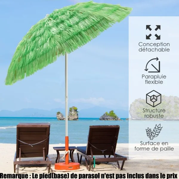 Parasol Inclinable de Paille en PP 2M Fixation pour Sable Toit Chaume Style Hawaïen 2 Parties Démontables pour Plage Cour Piscine Vert