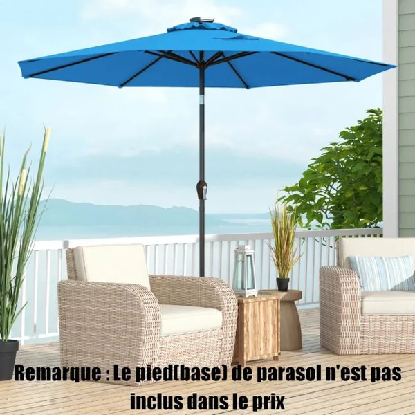 Parasol Inclinable Dia. 3 m, 24 lumières LED Solaire, Manivelle en Acier toile en Polyester 6 Couleurs au Choix