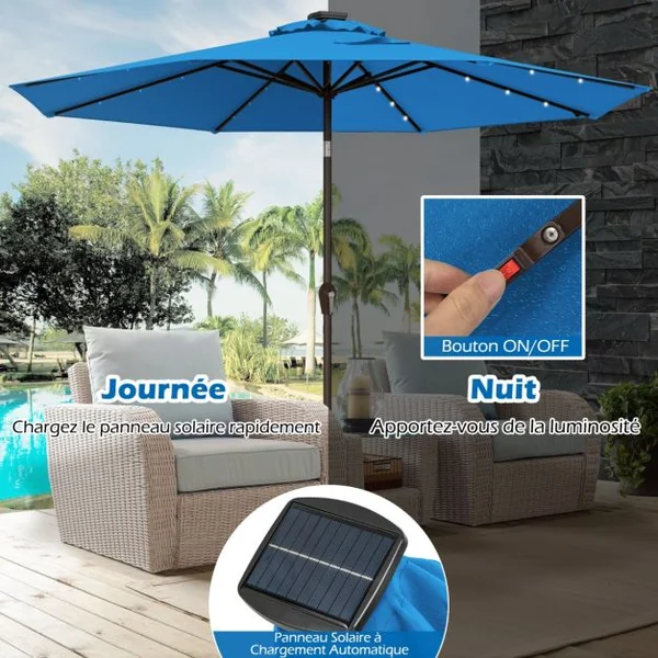 Parasol Inclinable Dia. 3 m, 24 lumières LED Solaire, Manivelle en Acier toile en Polyester 6 Couleurs au Choix