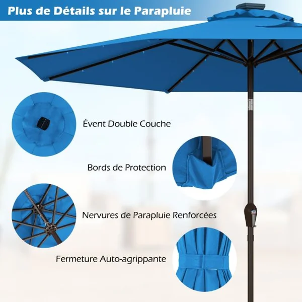 Parasol Inclinable Dia. 3 m, 24 lumières LED Solaire, Manivelle en Acier toile en Polyester 6 Couleurs au Choix