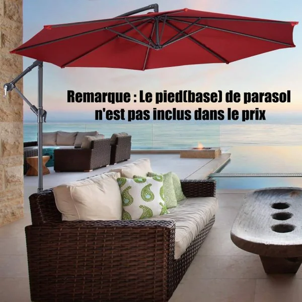 Parasol Inclinable et Déporté Dia. 3 m Manivelle en Acier Toile en Polyester pour Patio Jardin Vin Rouge
