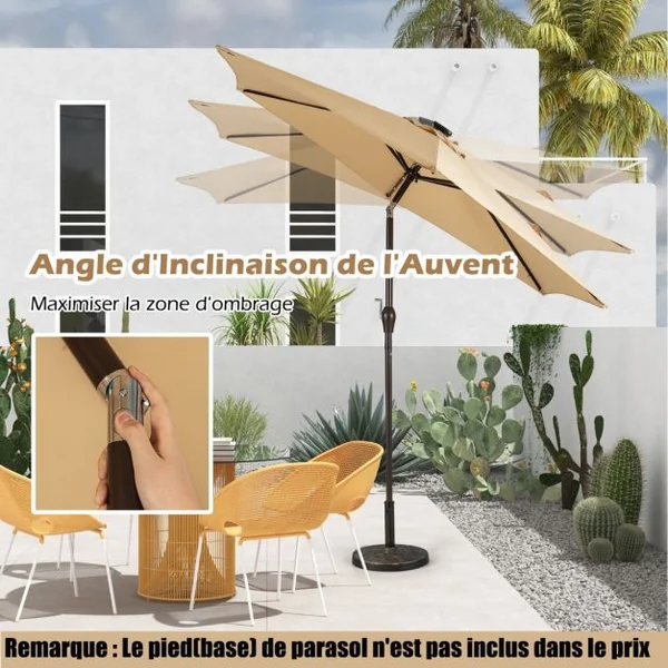 Parasol Inclinable Sia. 2,70 m 18 Lumières LED Solaire Manivelle en Acier toile en Polyester pour Jardin Vin Rouge