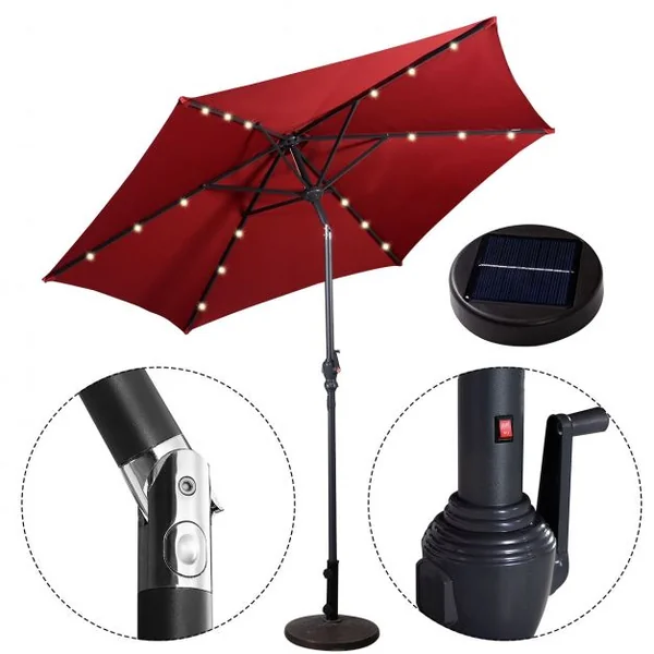 Parasol Inclinable Sia. 2,70 m 18 Lumières LED Solaire Manivelle en Acier toile en Polyester pour Jardin Vin Rouge