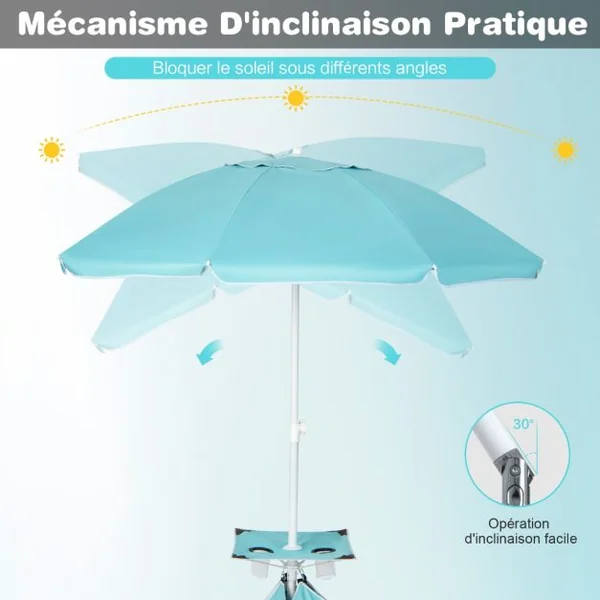 Parasol Jardin Inclinable 192cm avec Table Porte-gobelet et Sac de Sable Détachable 23KG Sac de Transport pour Plage Bleu
