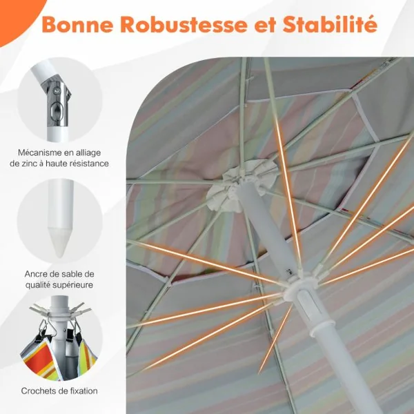 Parasol Jardin Inclinable 192cm avec Table Porte-gobelet et Sac de Sable Détachable 23KG Sac de Transport pour Plage Colorée