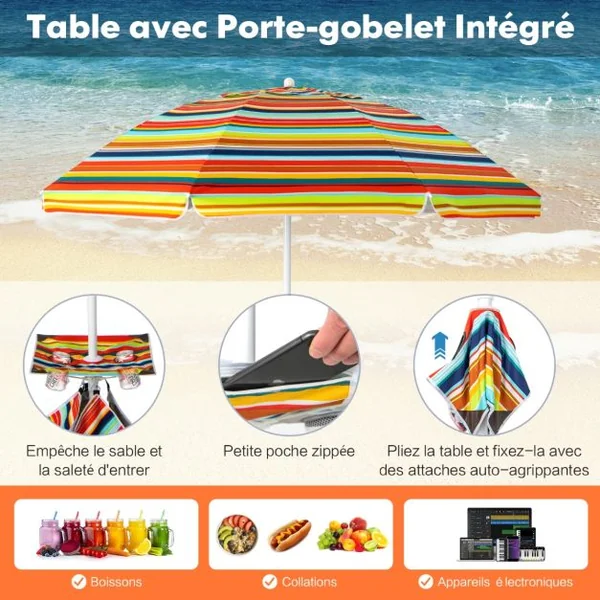 Parasol Jardin Inclinable 192cm avec Table Porte-gobelet et Sac de Sable Détachable 23KG Sac de Transport pour Plage Colorée