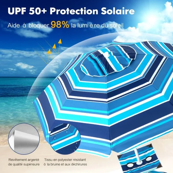 Parasol Jardin Inclinable 192cm avec Table Porte-gobelet et Sac de Sable Détachable 23KG Sac de Transport pour Plage Marine