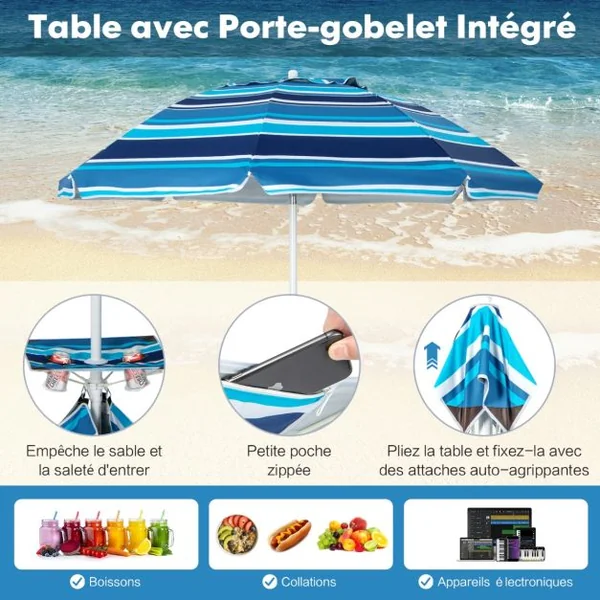 Parasol Jardin Inclinable 192cm avec Table Porte-gobelet et Sac de Sable Détachable 23KG Sac de Transport pour Plage Marine