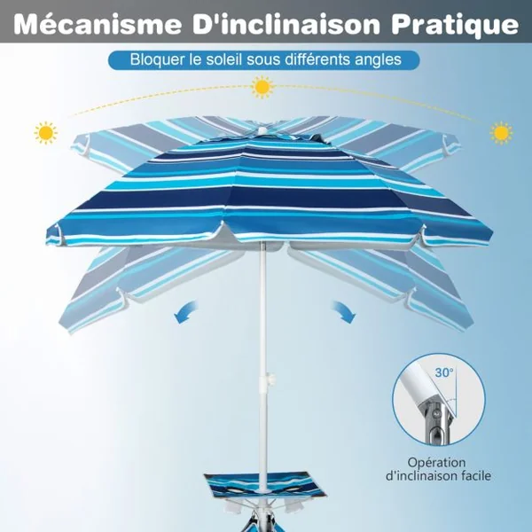 Parasol Jardin Inclinable 192cm avec Table Porte-gobelet et Sac de Sable Détachable 23KG Sac de Transport pour Plage Marine